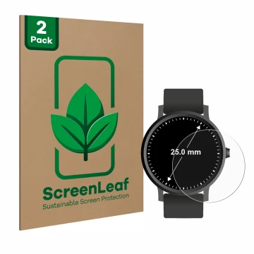 Front side of a product packaging with the brand logo ScreenLeaf. Next to it is the device Watches (Circular, ø: 25 mm) shown 