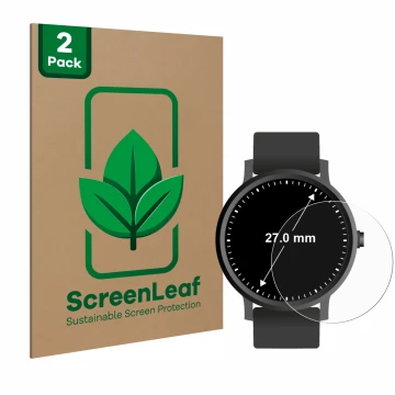 Front side of a product packaging with the brand logo ScreenLeaf. Next to it is the device Watches (Circular, ø: 27 mm) shown 