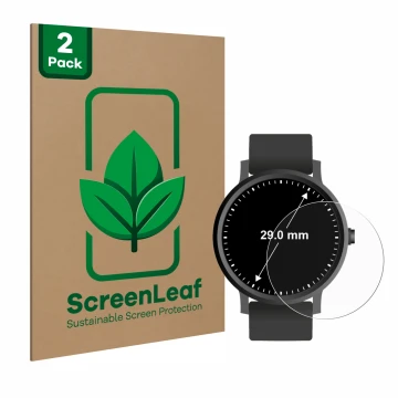 Front side of a product packaging with the brand logo ScreenLeaf. Next to it is the device Watches (Circular, ø: 29 mm) shown 