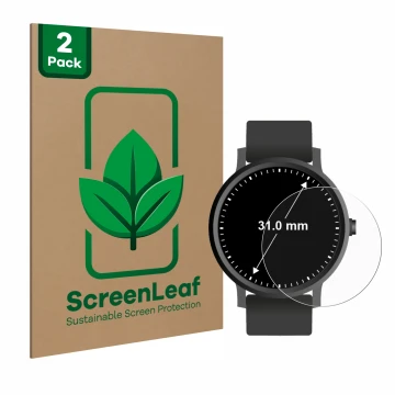 Front side of a product packaging with the brand logo ScreenLeaf. Next to it is the device Watches (circular, ø: 31 mm) shown 