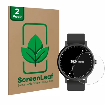 Front side of a product packaging with the brand logo ScreenLeaf. Next to it is the device Watches (Circular, ø: 39 mm) shown 