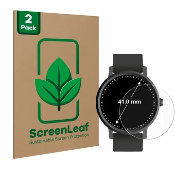 Front side of a product packaging with the brand logo ScreenLeaf. Next to it is the device Watches (Circular, ø: 41 mm) shown 