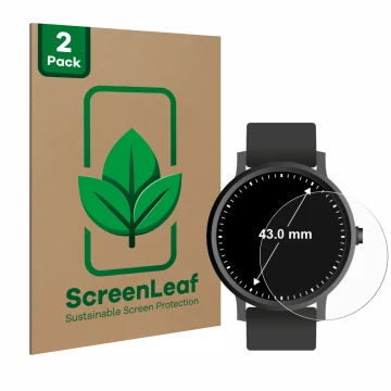 Front side of a product packaging with the brand logo ScreenLeaf. Next to it is the device Watches (Circular, ø: 43 mm) shown 