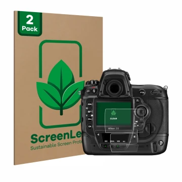 Front side of a product packaging with the brand logo ScreenLeaf. Next to it is the device Nikon D3 shown with the correspondi