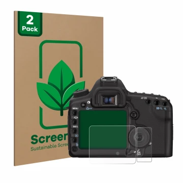 Front side of a product packaging with the brand logo ScreenLeaf. Next to it is the device Canon EOS 5D Mark II shown with the