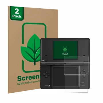 Front side of a product packaging with the brand logo ScreenLeaf. Next to it is the device Nintendo DSi shown with the corresp