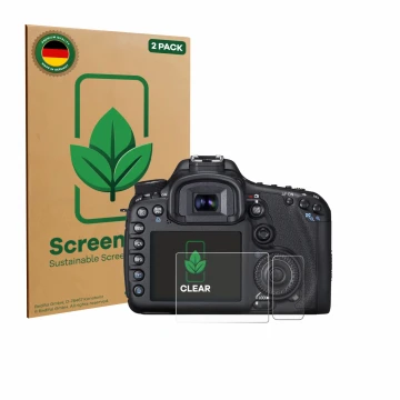 Front side of a product packaging with the brand logo ScreenLeaf. Next to it is the device Canon EOS 7D shown with the corresp