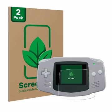 Front side of a product packaging with the brand logo ScreenLeaf. Next to it is the device Nintendo Gameboy Advance GBA shown 