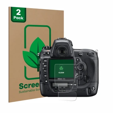 Front side of a product packaging with the brand logo ScreenLeaf. Next to it is the device Nikon D3S shown with the correspond