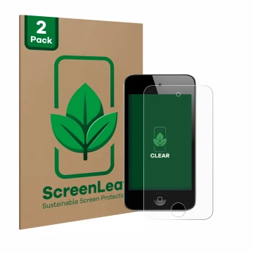Front side of a product packaging with the brand logo ScreenLeaf. Next to it is the device Apple iPod Touch (4th Gen.) shown w