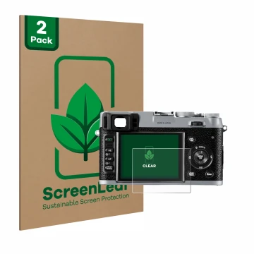 Front side of a product packaging with the brand logo ScreenLeaf. Next to it is the device Fujifilm FinePix X100 shown with th