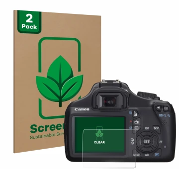 Front side of a product packaging with the brand logo ScreenLeaf. Next to it is the device Canon EOS 1100D shown with the corr