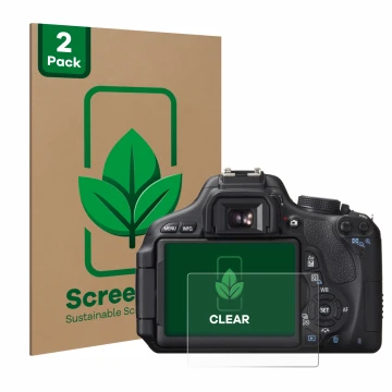 Front side of a product packaging with the brand logo ScreenLeaf. Next to it is the device Canon EOS 600D shown with the corre