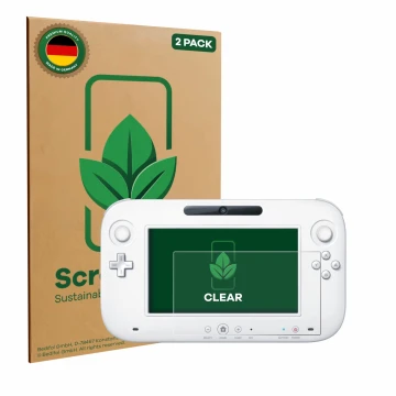Front side of a product packaging with the brand logo ScreenLeaf. Next to it is the device Nintendo Wii U GamePad (Controller)
