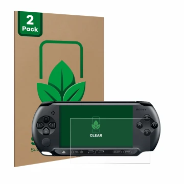 Front side of a product packaging with the brand logo ScreenLeaf. Next to it is the device Sony PSP Street E1004 shown with th