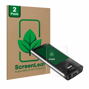 Front side of a product packaging with the brand logo ScreenLeaf. Next to it is the device Intenso Video Shooter 2,4