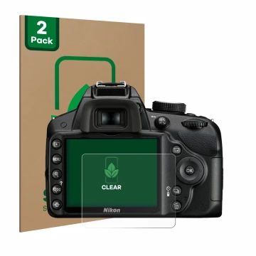 Front side of a product packaging with the brand logo ScreenLeaf. Next to it is the device Nikon D3200 shown with the correspo