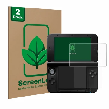 Front side of a product packaging with the brand logo ScreenLeaf. Next to it is the device Nintendo 3DS XL SPM7800 shown with 