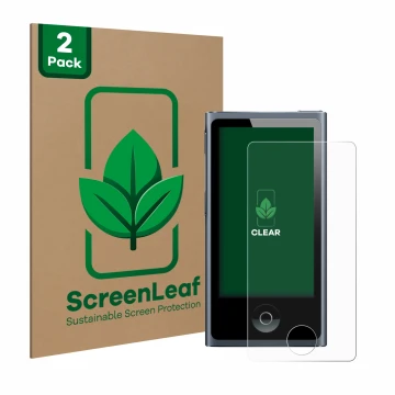 Front side of a product packaging with the brand logo ScreenLeaf. Next to it is the device Apple iPod nano 2012 (7th Gen.) sho