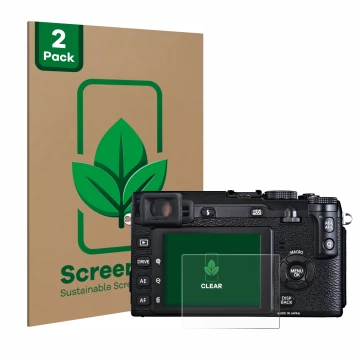 Front side of a product packaging with the brand logo ScreenLeaf. Next to it is the device Fujifilm X-E1 shown with the corres