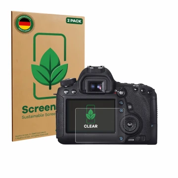 Front side of a product packaging with the brand logo ScreenLeaf. Next to it is the device Canon EOS 6D shown with the corresp