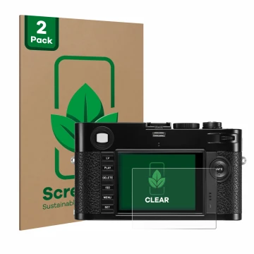 Front side of a product packaging with the brand logo ScreenLeaf. Next to it is the device Leica M (Typ 240) shown with the co