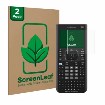 Front side of a product packaging with the brand logo ScreenLeaf. Next to it is the device Texas Instruments Nspire CX CAS sho