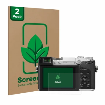 Front side of a product packaging with the brand logo ScreenLeaf. Next to it is the device Panasonic Lumix DMC-GX7 shown with 