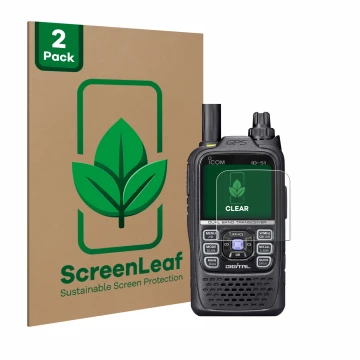 Front side of a product packaging with the brand logo ScreenLeaf. Next to it is the device Icom ID-51 shown with the correspon