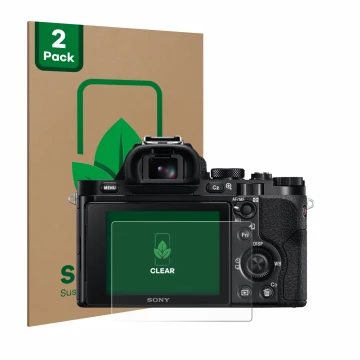 Front side of a product packaging with the brand logo ScreenLeaf. Next to it is the device Sony Alpha 7 (ILCE-7) shown with th