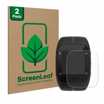 Front side of a product packaging with the brand logo ScreenLeaf. Next to it is the device Polar M400 shown with the correspon