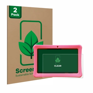 Front side of a product packaging with the brand logo ScreenLeaf. Next to it is the device Contixo Kids 7