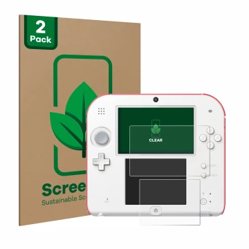 Front side of a product packaging with the brand logo ScreenLeaf. Next to it is the device Nintendo 2DS shown with the corresp