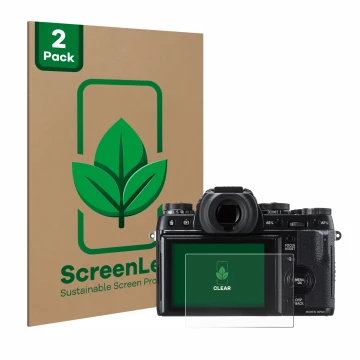 Front side of a product packaging with the brand logo ScreenLeaf. Next to it is the device Fujifilm X-T1 shown with the corres