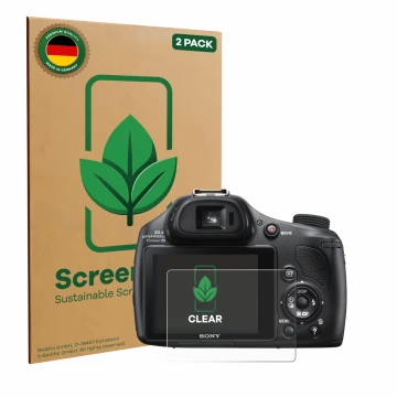 Front side of a product packaging with the brand logo ScreenLeaf. Next to it is the device Sony Cyber-Shot DSC-HX400V shown wi