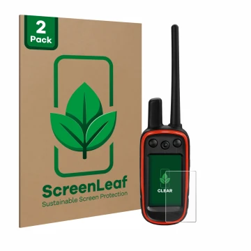 Front side of a product packaging with the brand logo ScreenLeaf. Next to it is the device Garmin Alpha 100 shown with the cor