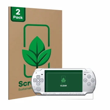 Front side of a product packaging with the brand logo ScreenLeaf. Next to it is the device Sony PSP 2004 shown with the corres