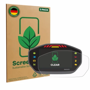 Front side of a product packaging with the brand logo ScreenLeaf. Next to it is the device Ducati Monster 1200 Colour-TFT-Disp