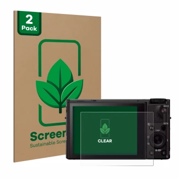 Front side of a product packaging with the brand logo ScreenLeaf. Next to it is the device Sony Cyber-Shot DSC-RX100 III shown