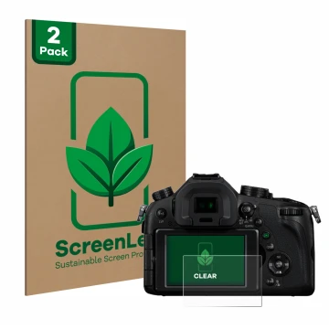 Front side of a product packaging with the brand logo ScreenLeaf. Next to it is the device Panasonic Lumix DMC-FZ1000 shown wi