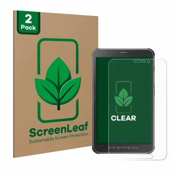Front side of a product packaging with the brand logo ScreenLeaf. Next to it is the device Samsung Galaxy Tab Active SM-T365 s