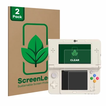 Front side of a product packaging with the brand logo ScreenLeaf. Next to it is the device Nintendo New 3DS shown with the cor