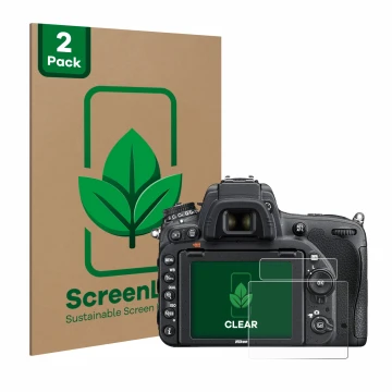 Front side of a product packaging with the brand logo ScreenLeaf. Next to it is the device Nikon D750 shown with the correspon