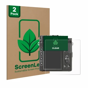 Front side of a product packaging with the brand logo ScreenLeaf. Next to it is the device Fujifilm X10 shown with the corresp