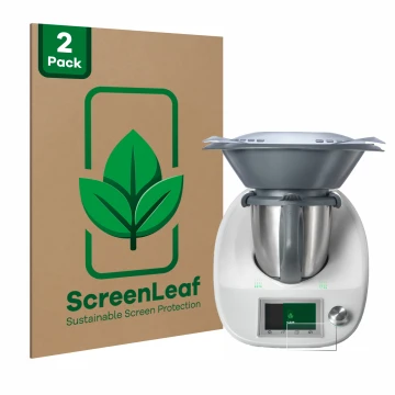 Front side of a product packaging with the brand logo ScreenLeaf. Next to it is the device Vorwerk Thermomix TM5 shown with th