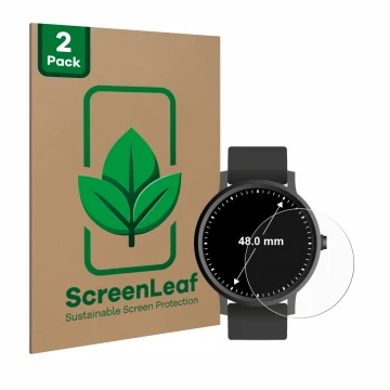 Front side of a product packaging with the brand logo ScreenLeaf. Next to it is the device Watches (Circular, ø: 48 mm) shown 