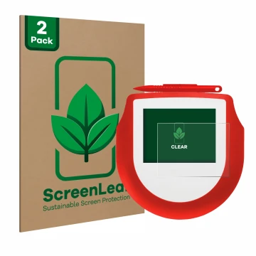 Front side of a product packaging with the brand logo ScreenLeaf. Next to it is the device Signotec Signature Pad Omega shown 