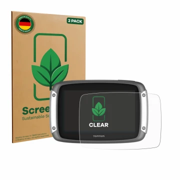 Front side of a product packaging with the brand logo ScreenLeaf. Next to it is the device TomTom Rider 400 shown with the cor
