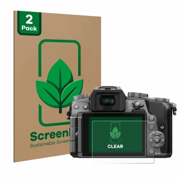 Front side of a product packaging with the brand logo ScreenLeaf. Next to it is the device Panasonic Lumix DMC-G70 shown with 