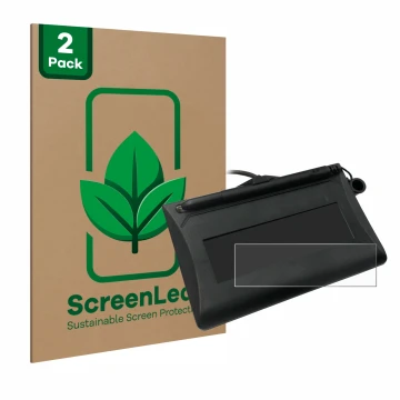 Front side of a product packaging with the brand logo ScreenLeaf. Next to it is the device Topaz T-LBK460-HSB-R shown with the